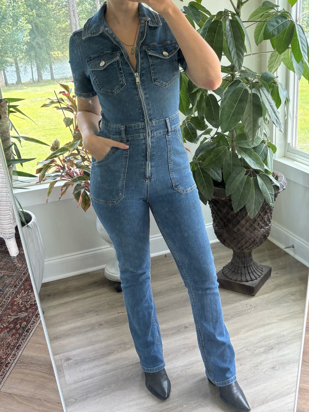 stradivarius Blue Zip-Front Denim Jumpsuit Overalls